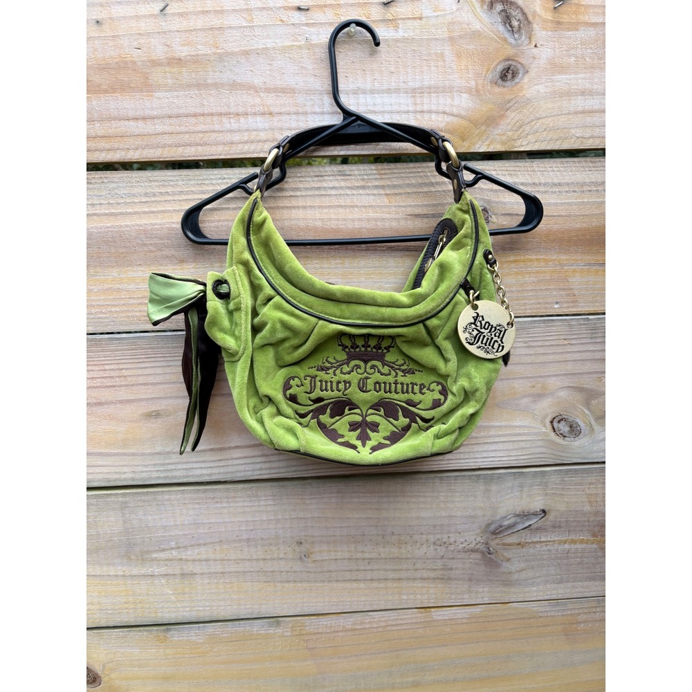 Juicy Couture Vintage Lime Green Velour Hobo Bag Brown Leather Trim Y2K Logo